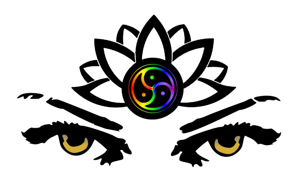 a lotus shape with a rainbow colored buddhist Gankyil, above two eyes